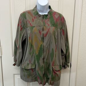 Chicos Zenergy Jacket Utility Sz 3 Zipper Front 3/4 Sleeve 2 Pocket Green Yellow